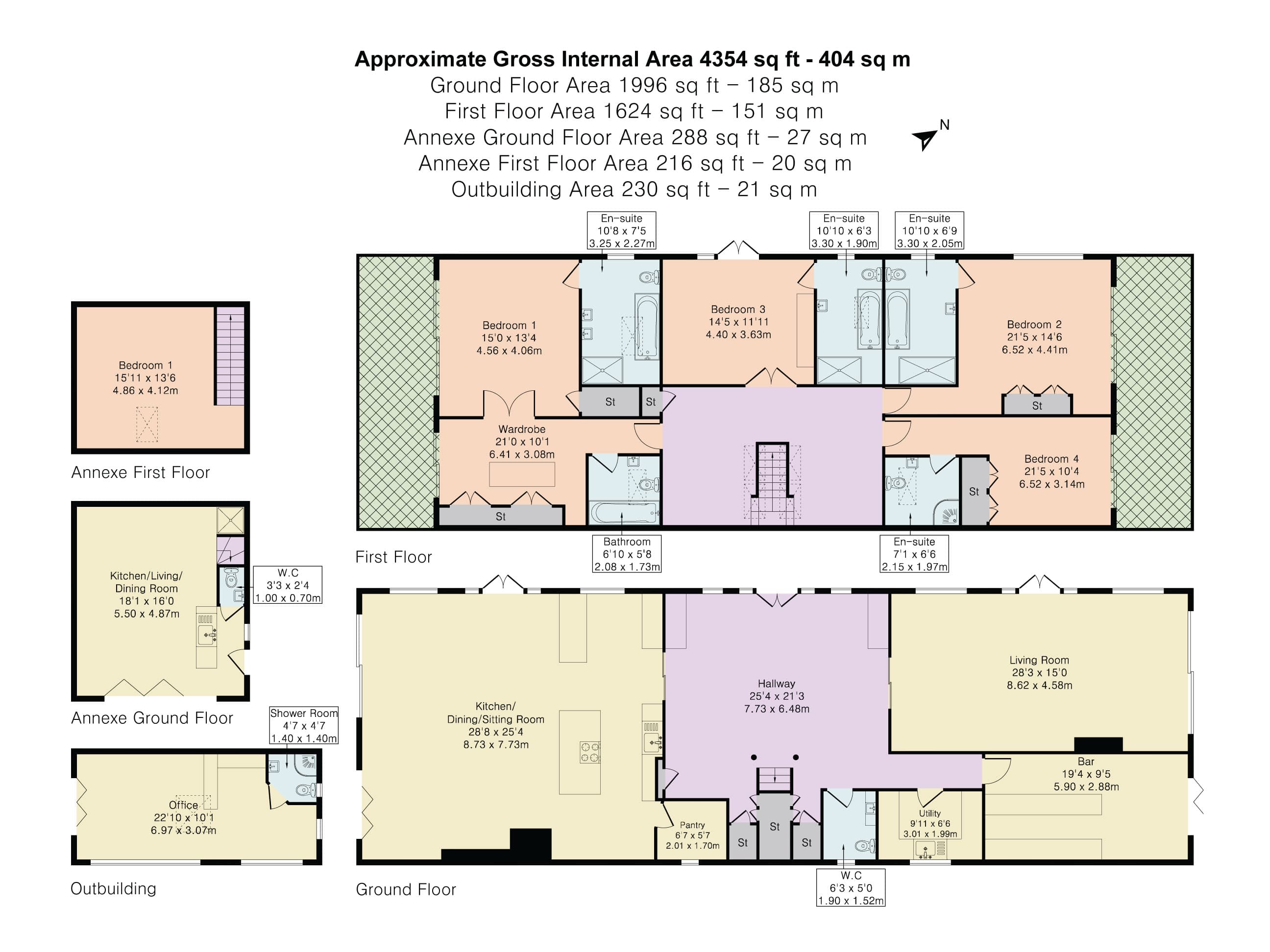 Floor plan showing approximately 4,354 sq ft of accommodation including ground and first floor living spaces, bedroom suites, annexe and outbuilding at Theobalds Park, Hertfordshire