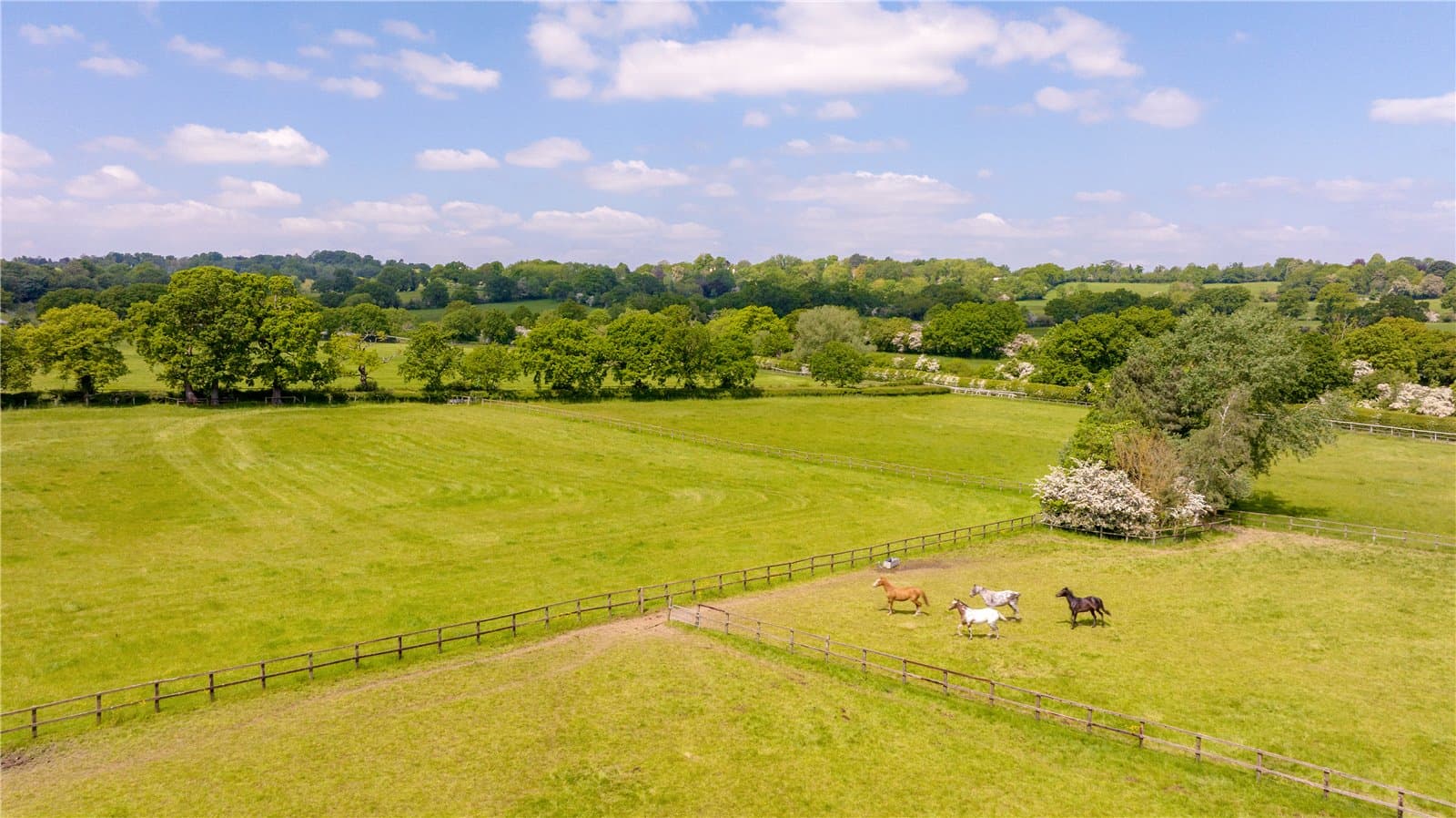 Open pastureland and paddocks at Highwood Lodge Farm Estate, Highwood Hill, London with countryside views